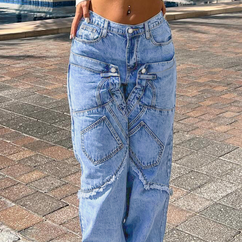 Ny613 Street-Style Jeans with Stitched Details, Original Trim, Plain Washed Blue Color