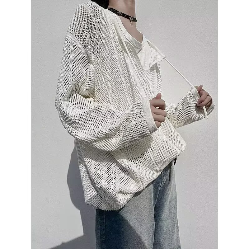 Hombres y mujeres, camisas de punto huecas, nuevas camisas de moda sueltas, camisas de protección solar delgadas, camisas de cuello en V, camisas de manga larga, camisas de moda