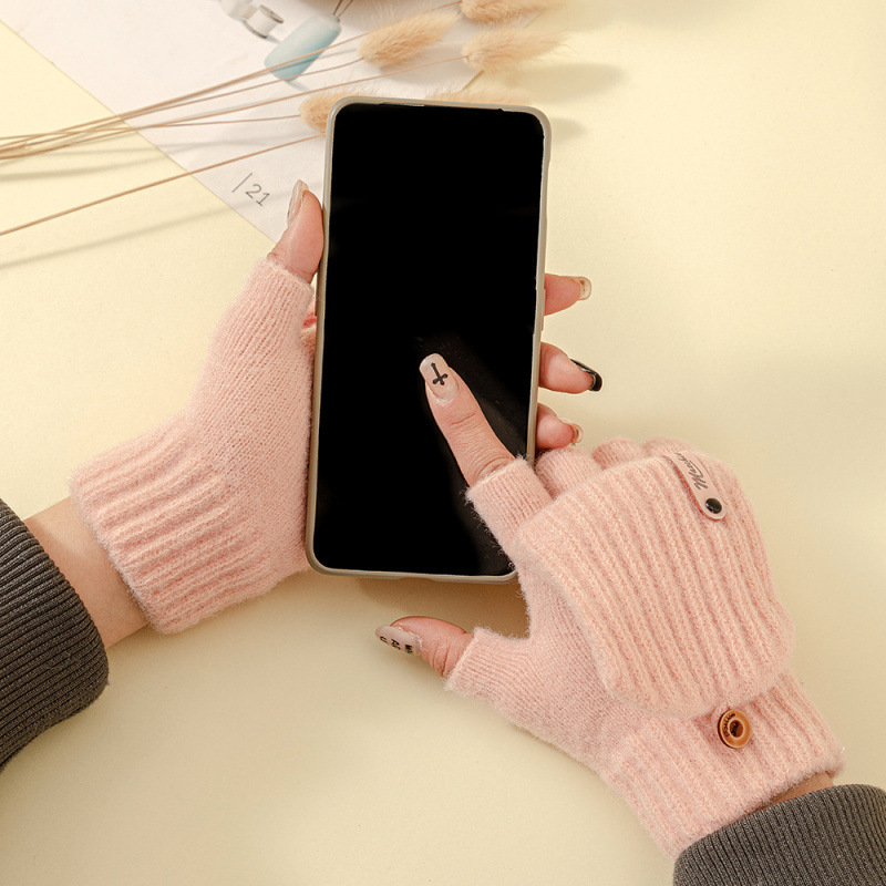 半指翻盖保暖手套秋冬季学生写字针织毛绒线户外骑车防寒新款情侣