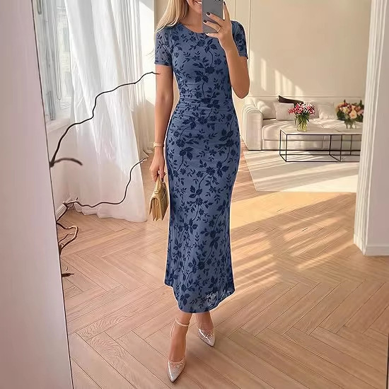 Cross-Border 2026 Amazon New European and American Style Women's Summer Floral Waist-Cinching Slim Elegant Short-Sleeve Mesh Dress