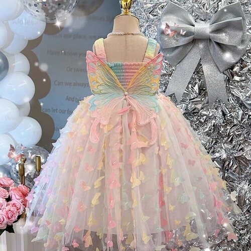 Children's summer dresses 2024 new butterfly knot princess spaghetti strap dresses for girls, rainbow dress