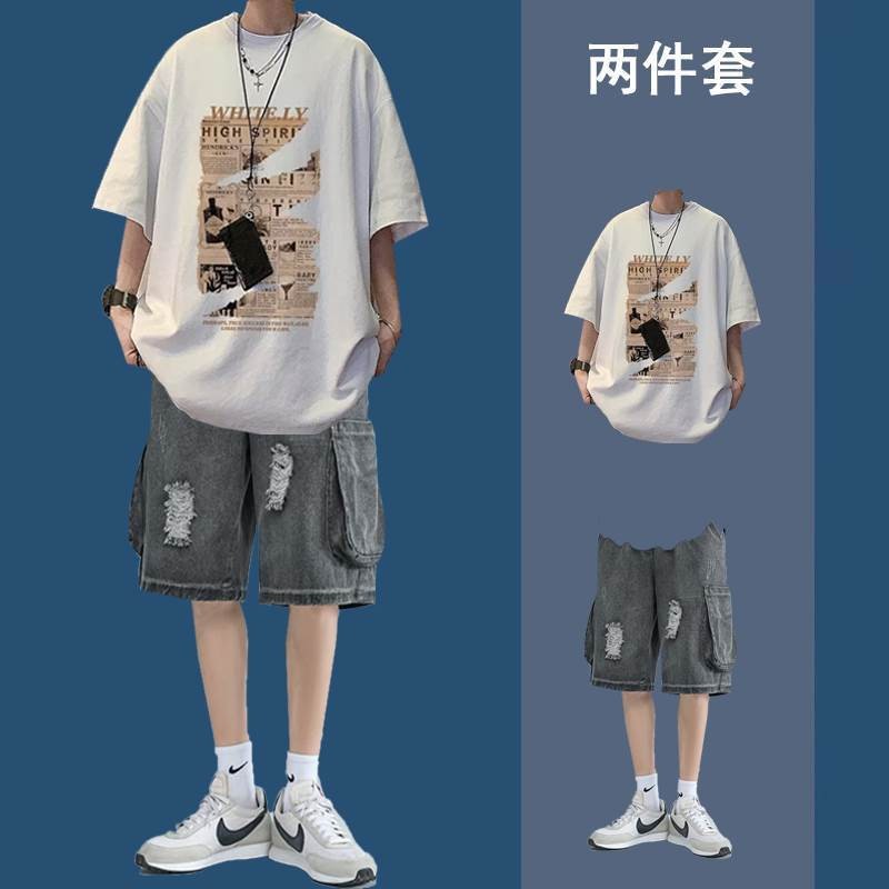 Summer Casual suit Men's Fashionable Duffian Handsome Short-Sleeved T-Shirt Two-Piece Set Student Denim Shorts Set of Clothes