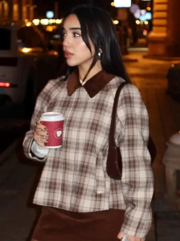时尚复古风格子翻领拉链夹克短外套女2025跨境欧美风新款女装批发|undefined