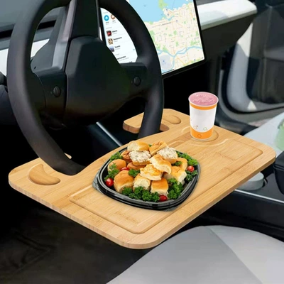 Bamboo Car Steering Wheel Dining Table Laptop Tray Multifunctional Stand Convenient Car Dining Table Tray (Car table board)