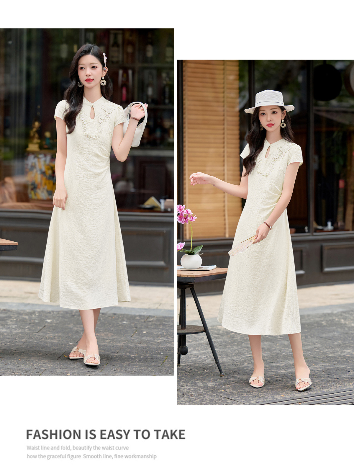 Đầm maxi nữ thắt eo phong cách tân cổ điển họa tiết quốc phong — Màu hồng, màu trắng ngà chi tiết 22