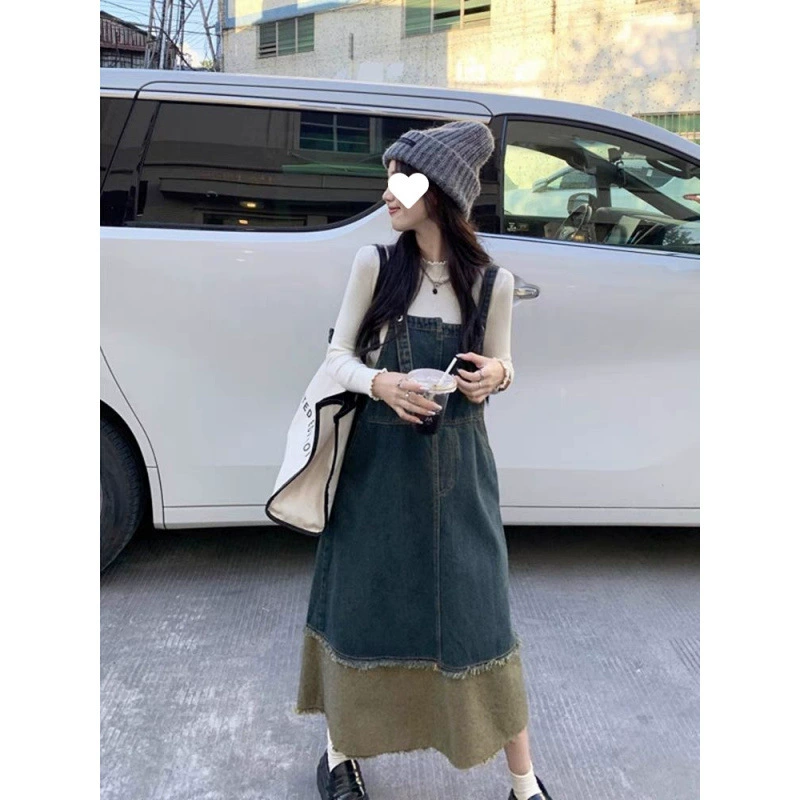 Американская ретро-юбка на подтяжках из денима для женщин, ранняя осень и лето 2025, новый стиль для путешествий, комбинированная с шерстью