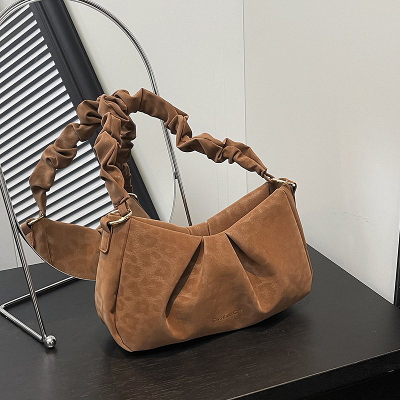 Suede Pleated Underarm Bag for Women 2026 New Style High-End Niche Handbag Shoulder Bag Fashionable Commuter Bag
