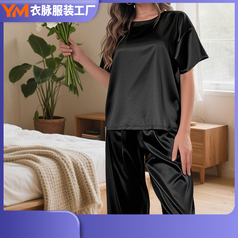 Nuevo estilo transfronterizo de manga corta pijamas sueltos pantalones de dos piezas con cuello redondo grande traje de servicio a domicilio de primavera, verano y otoño al por mayor