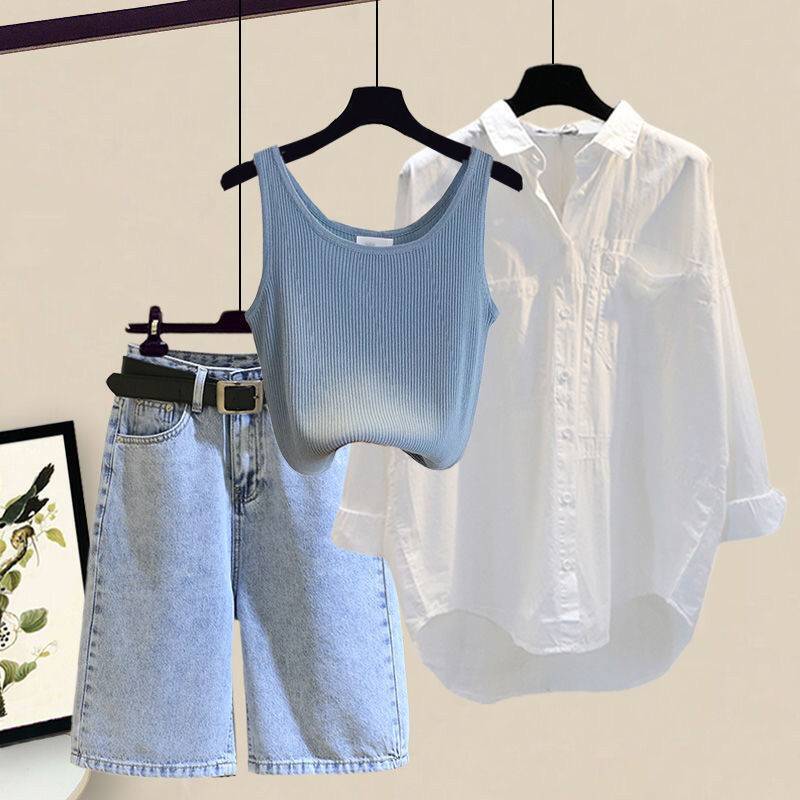 plus size women's summer suit women's 2025 new sunscreen shirt camisole Denim shorts slim three-piece set