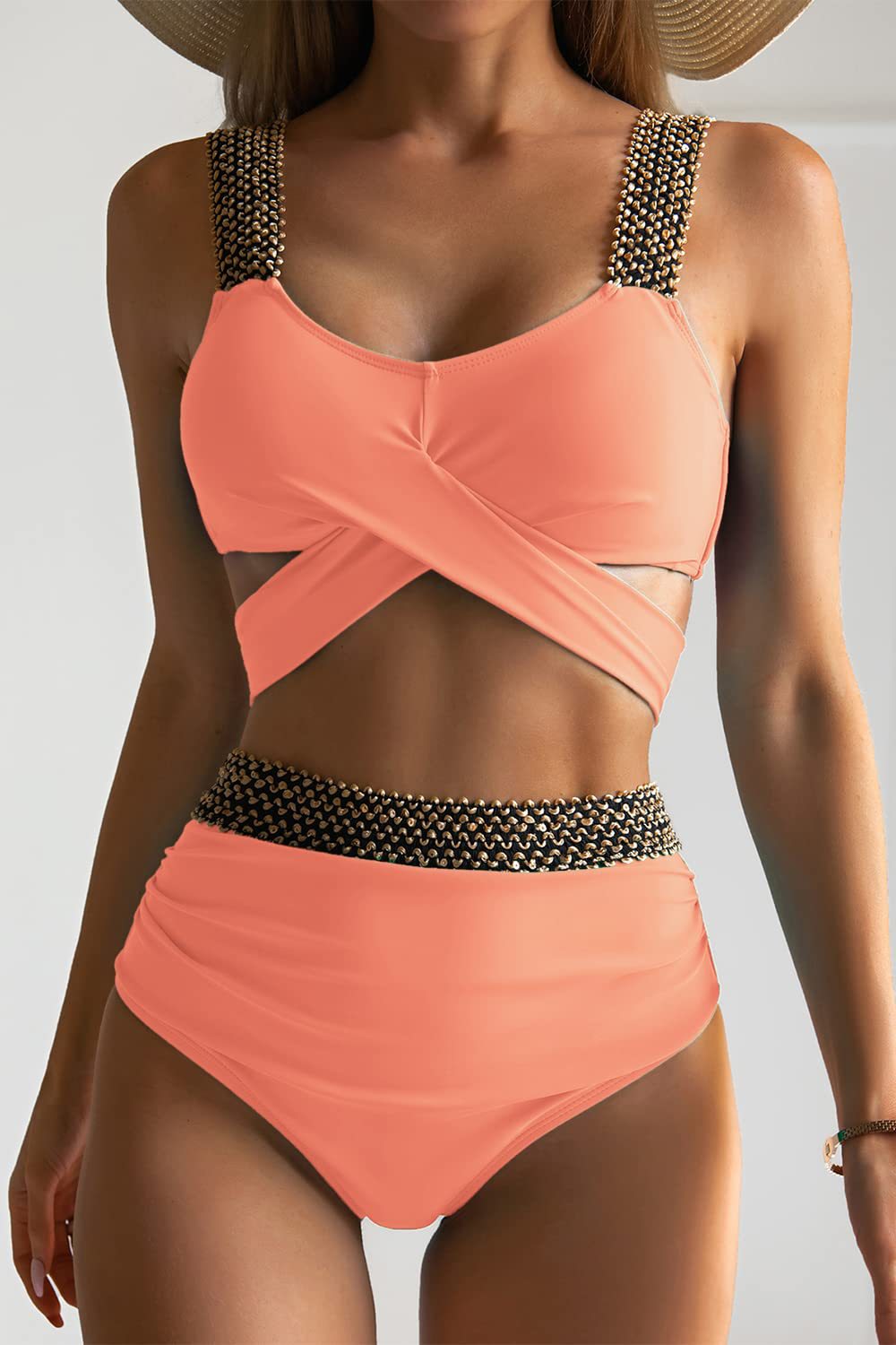 Bikini de Talle Alto con Cintas Brillantes de Poliéster, Sin Mangas, para Natación image 10