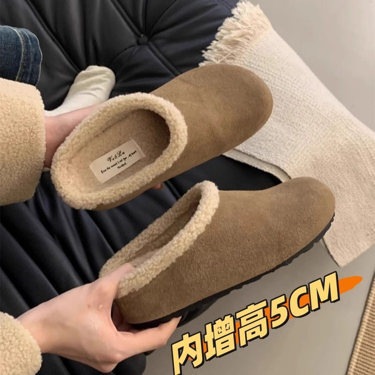 厚底内增高博肯包头半拖鞋女复古一脚蹬懒人鞋加绒保暖毛毛博肯鞋|undefined