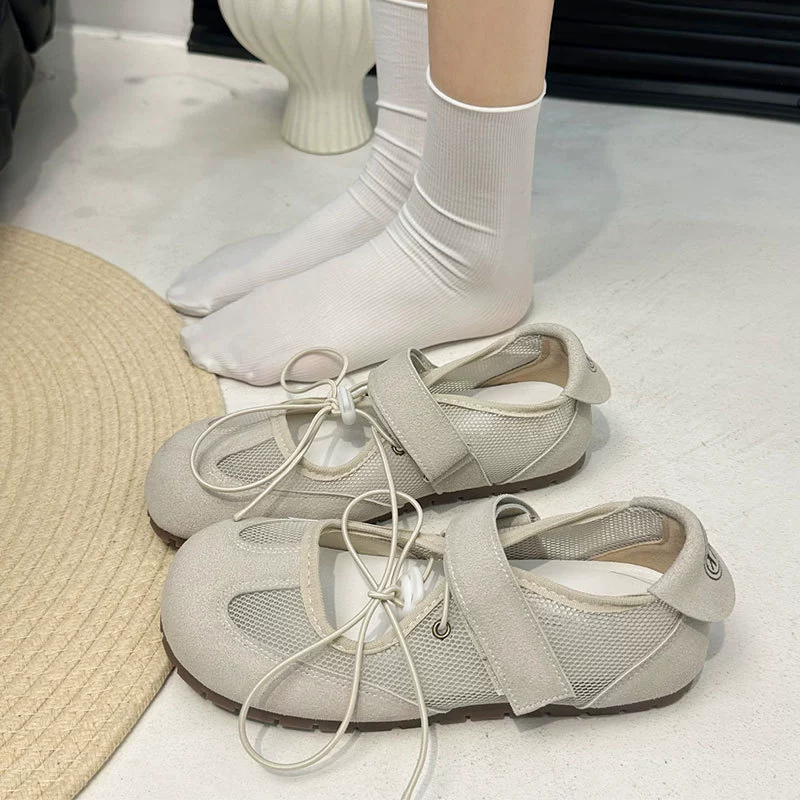 Женские летние балетки 2025 года, новые французские туфли Мэри Джейн на мягкой подошве из дышащей сетки с липучкой