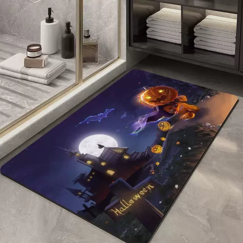 跨境亚马逊Halloween carpet万圣节地毯南瓜水晶绒卫生间地垫批发