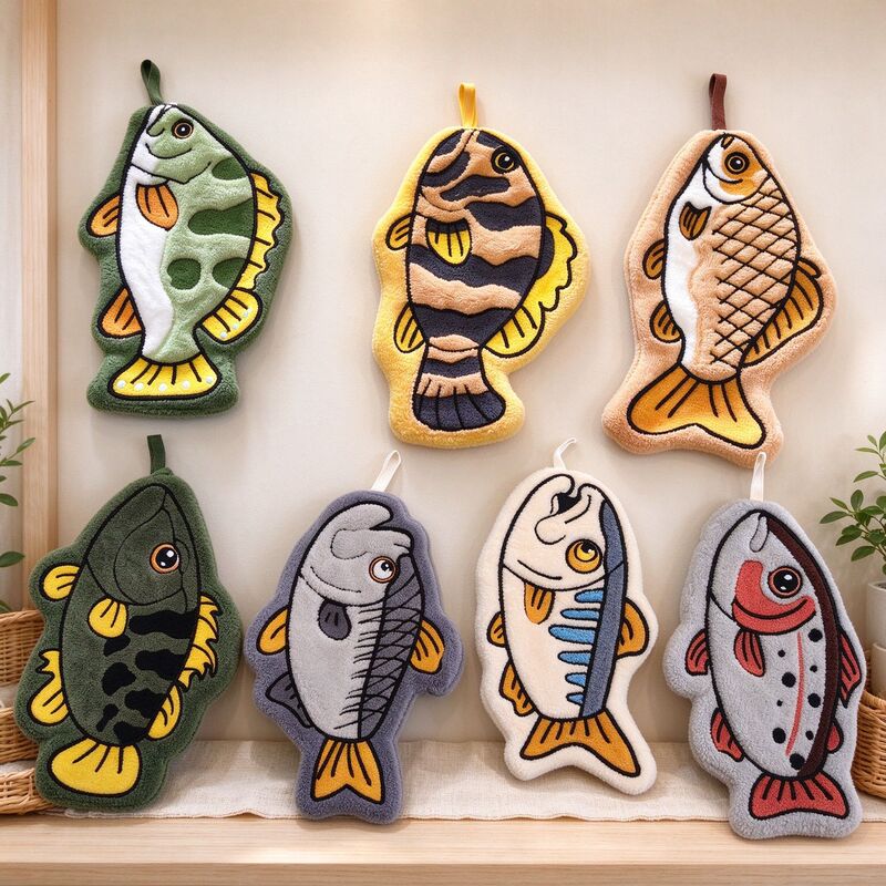 Cartoon lure fish hand towel, made of soft coral fleece, quick-drying, cute and creative design, hanging style, children's hand towel