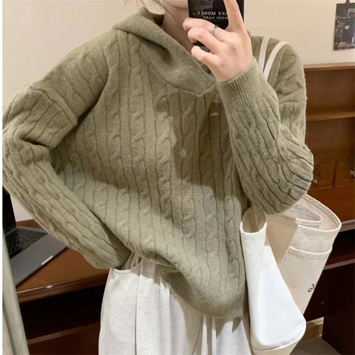 KANING Retro Crochet Hooded Sweater for Women 2025 Autumn Winter Korean Style Leisure Loose Knitted Top