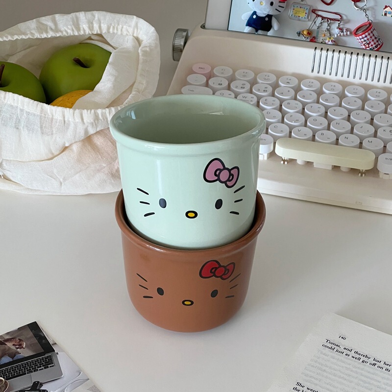 インスタイルブラックレザーktセラミックカップマグホームコーヒーカップクリームハローキティガールハートカップ|undefined