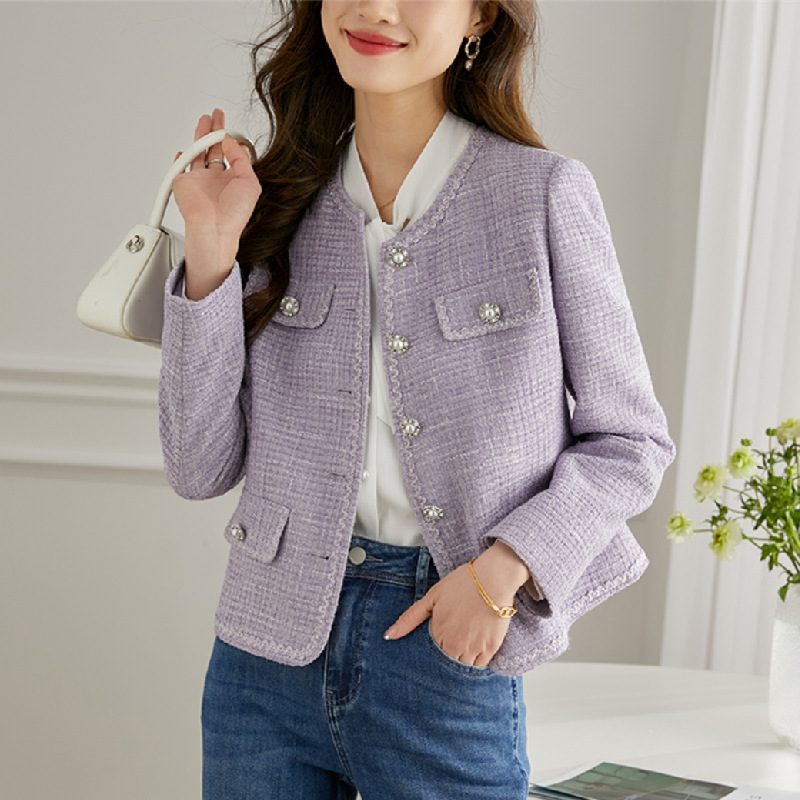 女性用の紫色の気質のシンプルな小さな香りのジャケット、春と秋のファッション、クラシックな社交界の女性、多用途のスリムなショートジャケット|undefined