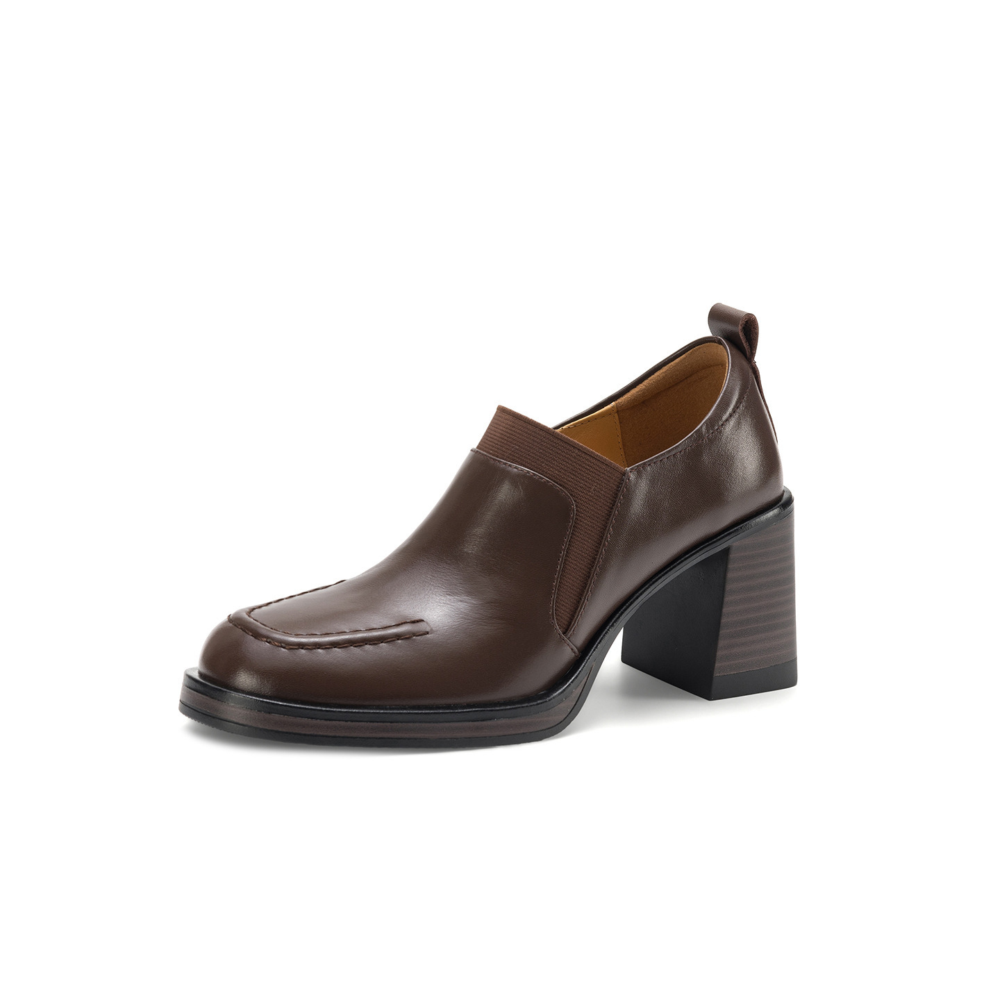 Giày cao gót nữ loafer cổ điển mũi sâu gót vuông 7.5 cm da bò thật — màu nâu chi tiết 23