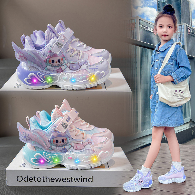 Girls' Sports Shoes, Breathable Children's Mesh Shoes, Autumn New Girls' Princess Shoes, Baby Light-Up Dad Shoes Cartoon