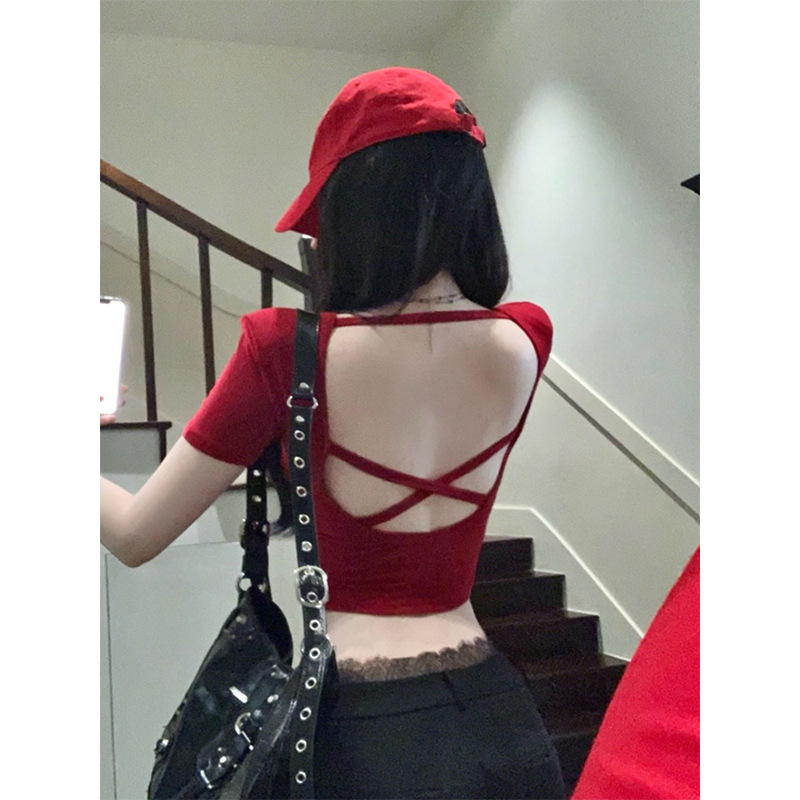 Hollow Back Pad Short-sleeved T-shirt Women's Summer Pure Sweet Spice Girls Backless Short Tops with Chest Pad Beautiful