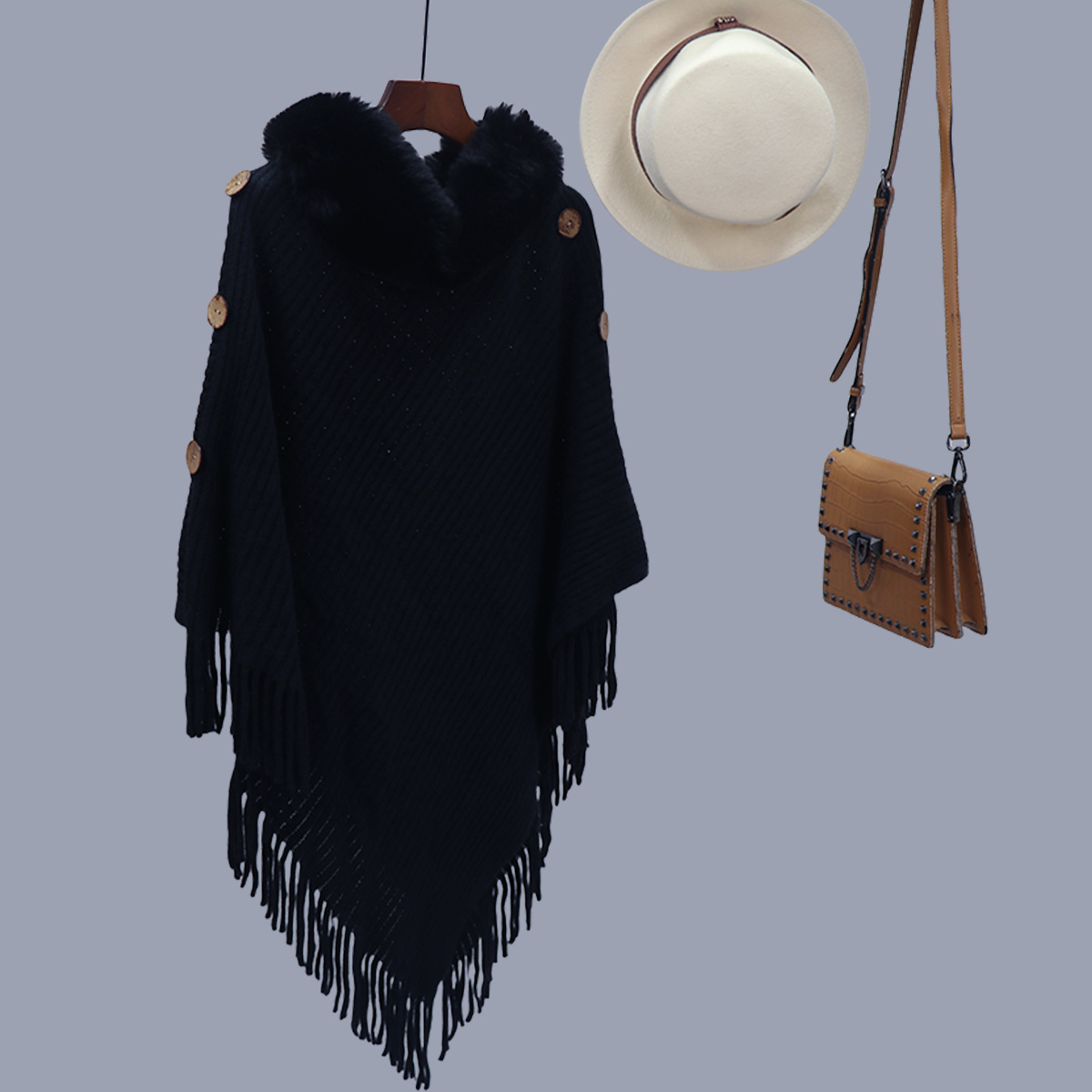 Capa de cuello de lana europea y americana transfronteriza diseño medio largo botón lateral chale de punto