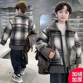 男童呢子大衣外套秋冬款25新款冬季加绒加厚中大儿童男孩冬装棉服