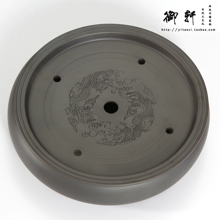 宜兴紫砂10寸鼓型圆形双龙紫砂茶盘托盘茶海功夫茶具陶瓷茶船包邮