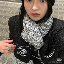 5号小香围巾女羊绒针织羊毛围巾秋冬加厚双C毛线围脖披肩保暖双面