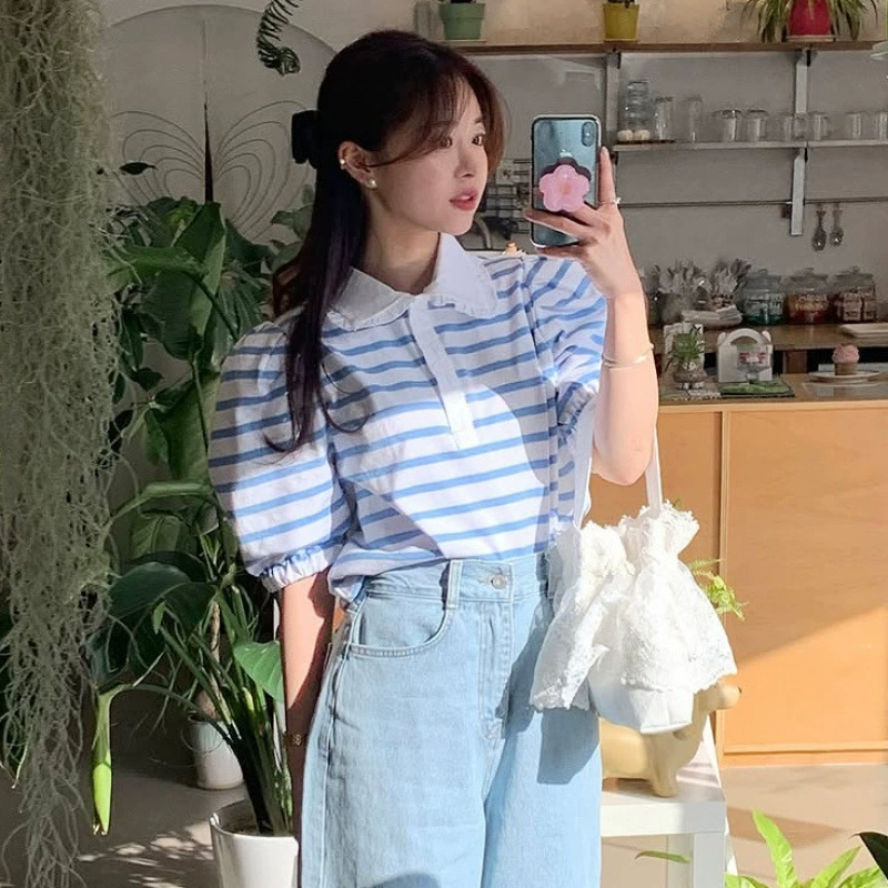 Корейская шикарная летняя новая корейская стильная элегантная футболка с воротником-поло, свободная и универсальная футболка в полоску с короткими рукавами