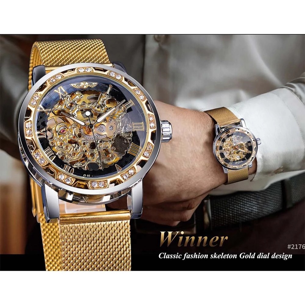 Vinnare Manual Mechanical Watch Herrs populära Rhinestone Hollow Mesh Band Watch Mode och fritid_voghion.com
