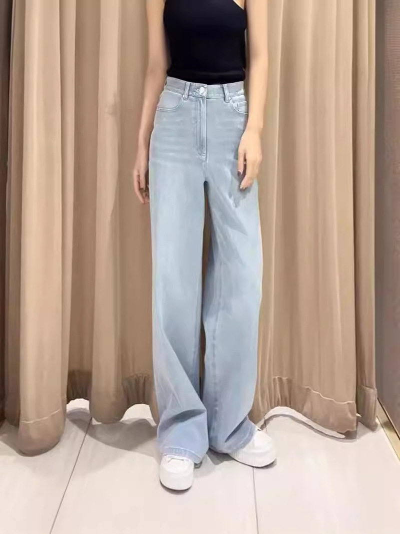 Quần jean nữ ống rộng cạp cao dáng suông giặt thẳng màu xanh nhạt — Màu xanh lam nhạt
