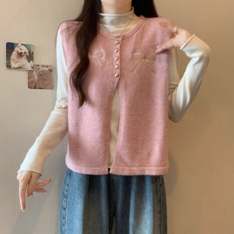 Xiaoxiangfeng Butterfang Knot izšūts pelēks džemperis-veste sievietēm rudens un ziemas sakrautas bezpiedurkņu adīta plecu daļa_voghion.com