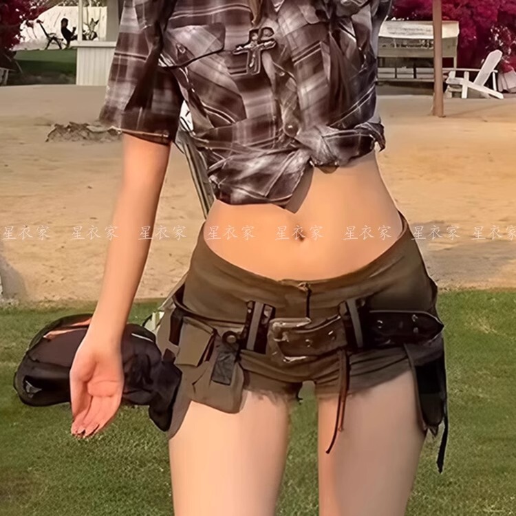 American-Style Millennial Retro Washed Denim Shorts with New Design, Frayed Edges, Belt Buckle, Trendy Casual Pants