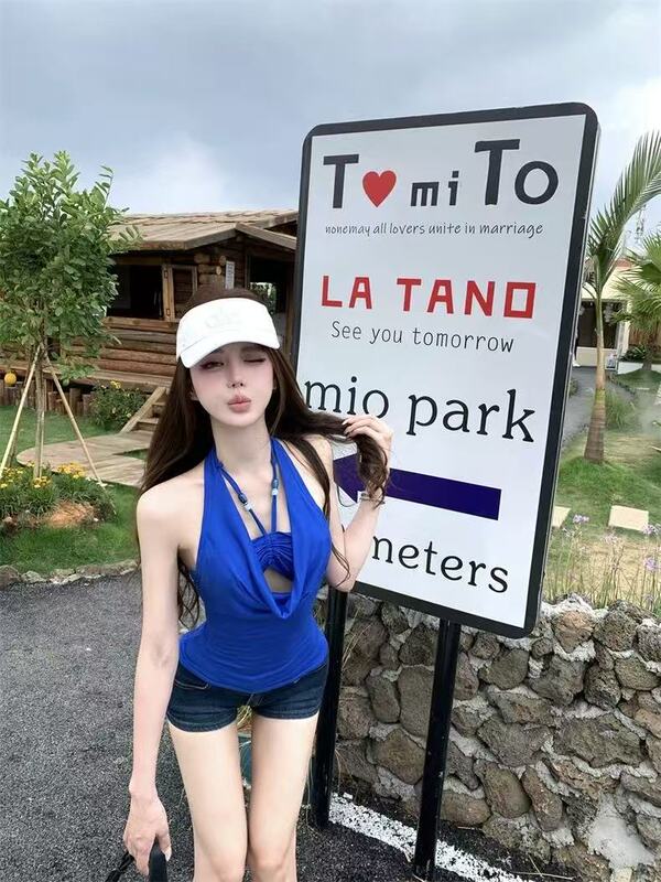 爱依轩 纯欲风褶皱荡领挂脖吊带背心女新款法式气质收腰无袖上衣|undefined