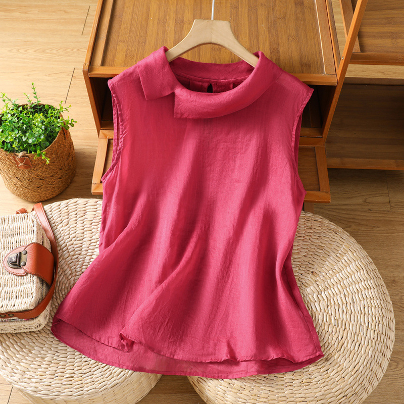 Raspberry Red Linen Cotton Sleeveless Shirt for Women, Summer High-End Style with a Cut-Out Back Design