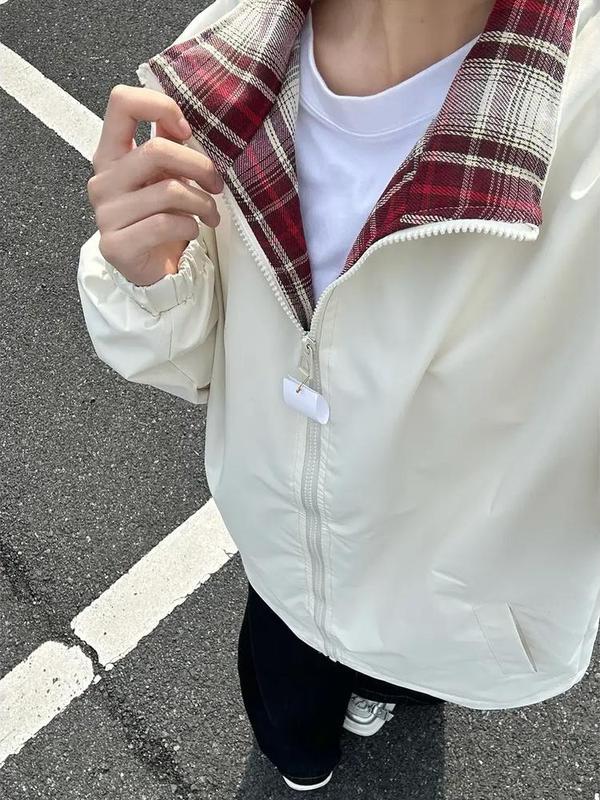 跨境男士格子双面秋季夹克新款百搭潮牌美式立领外套宽松休闲情侣|undefined
