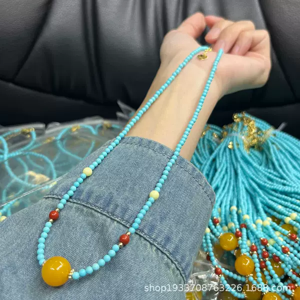 Magnesite turquoise necklace clavicle chain adjustment with southern red beeswax yellow agate single bead girl gift live broadcast