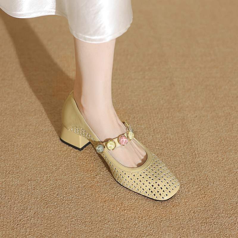 4Cm~New Style Genuine Leather Shoes for Women, Hollow Thick Heel Mary Jane Shoes with Skirt, Beautiful French High Heels