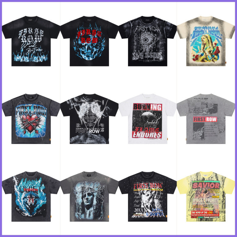 American streetwear brand First Row washed vintage print loose fit full-print direct-print short-sleeve T-shirt for men and women