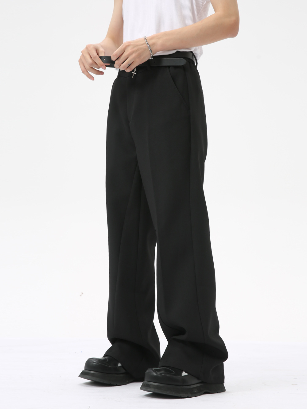 MTLCLOTHES ropa de hombre | Pantalones de traje estilo francés de alta gama, color sólido, casuales, sencillos, acampanados, estilo ligero y maduro, con caída elegante.
