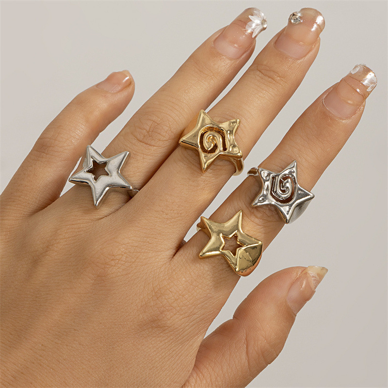 European and American Cross-Border Sweet and Cool Ins Metal Cut Out Five-Pointed Star Ring Set Ring Simple Geometric Star Ring for Women