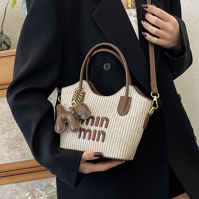 Casual Woven Handbag Miu Trendy Niche Design Cross-Border Export Bags Bucket Splicing Shoulder Crossbody Bag