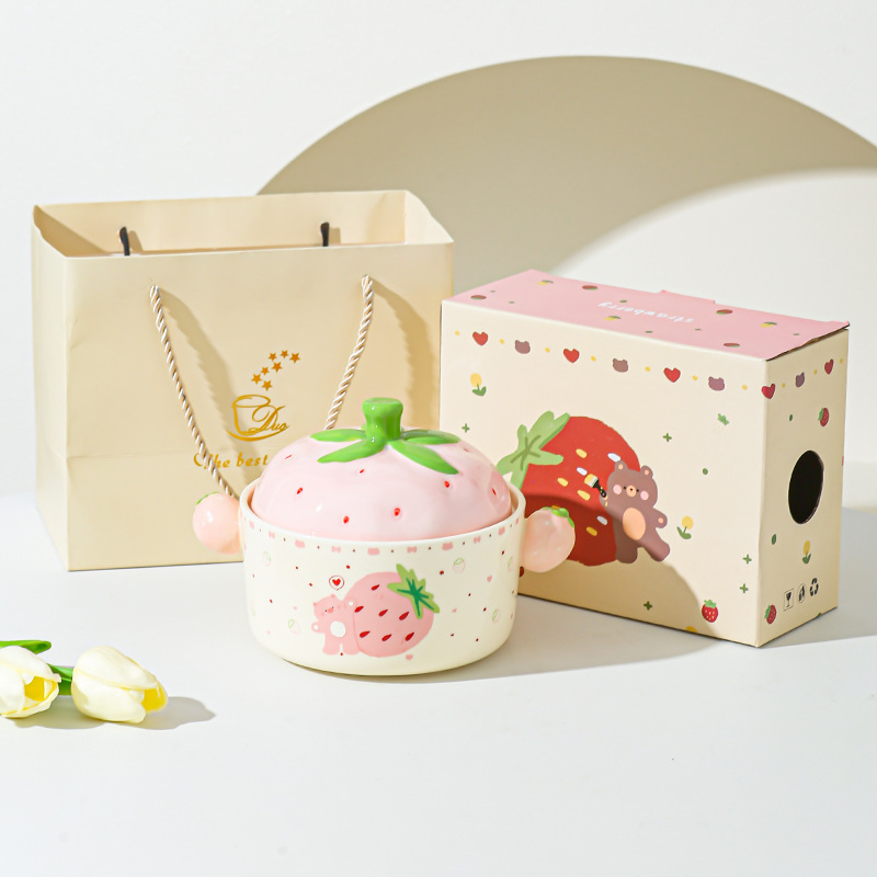 Cartoon Strawberry adorable tazón de fideos de chicas bolos de fideos caseros bolos de cerámica de doble oreja con cubierta cubierta de platos de regalo set de platos