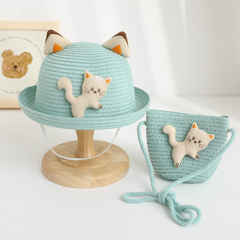 Lucky Cat Curly Straw Hat-Green