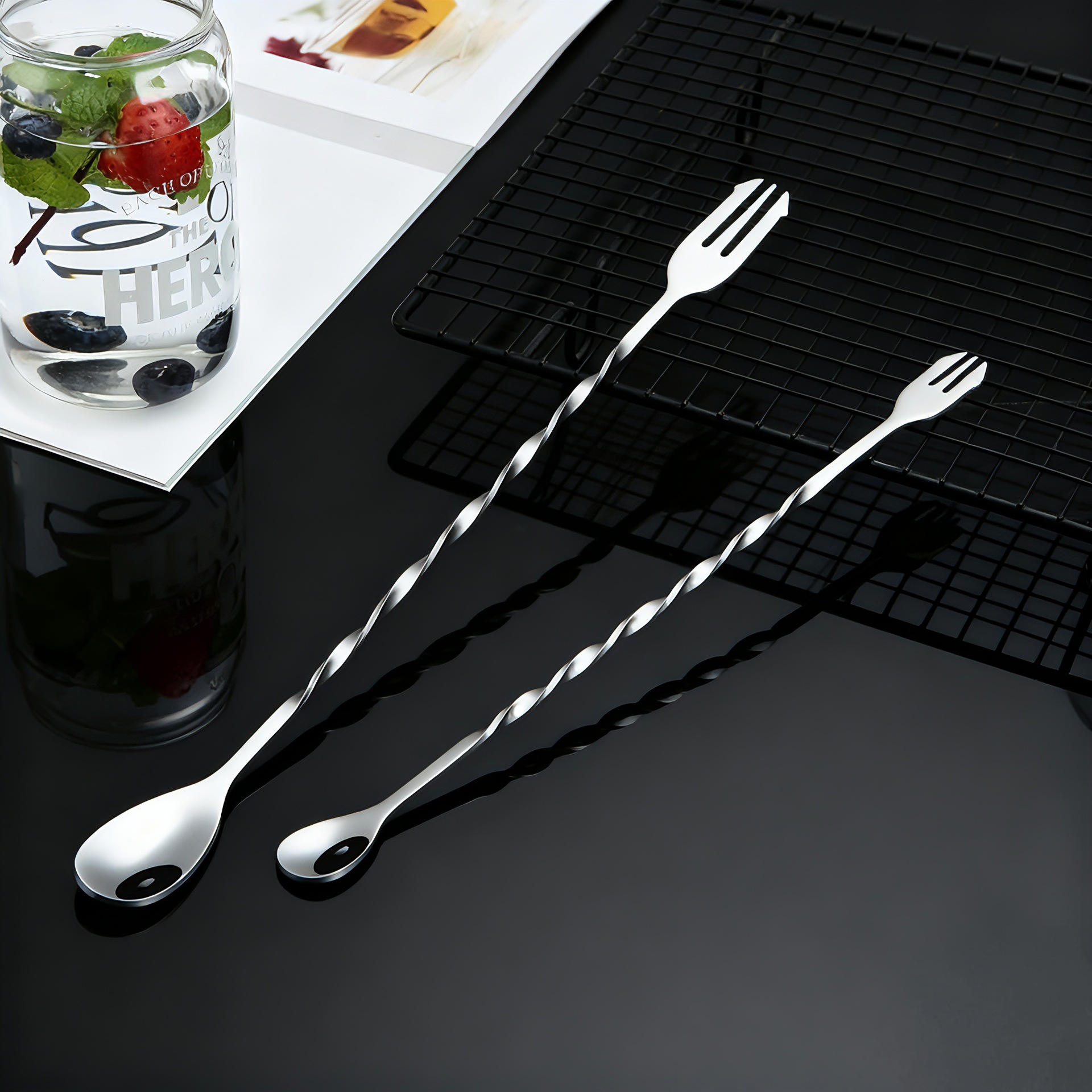 不锈钢长柄吧勺双头两用奶茶鸡尾酒搅拌勺酒吧调酒勺螺旋冰勺批发