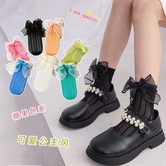 女童襪子夏季薄款兒童中筒襪透氣網眼夏天蝴蝶結春夏雙層網公主襪