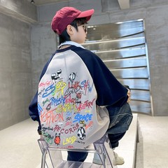 2023 Spring and Autumn Boys Plaid Print Graffiti Hoodie Casual Parka Sleeve Han Style Loose Trendy Middle and Large Children Street Style