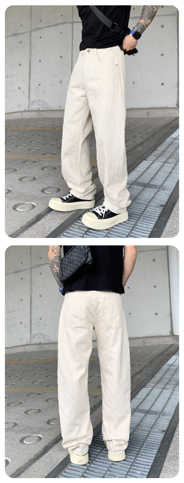 Herren Jeans Mit Jacquard Muster Weit Gerade Und Lässig Verwaschen_voghion.com