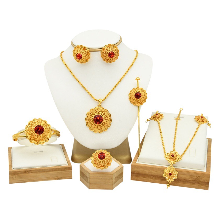 Nuevo Dubai 24K oro joyería traje africano collar nupcial pendientes anillo pulsera horquilla cabeza cadena conjunto de seis piezas