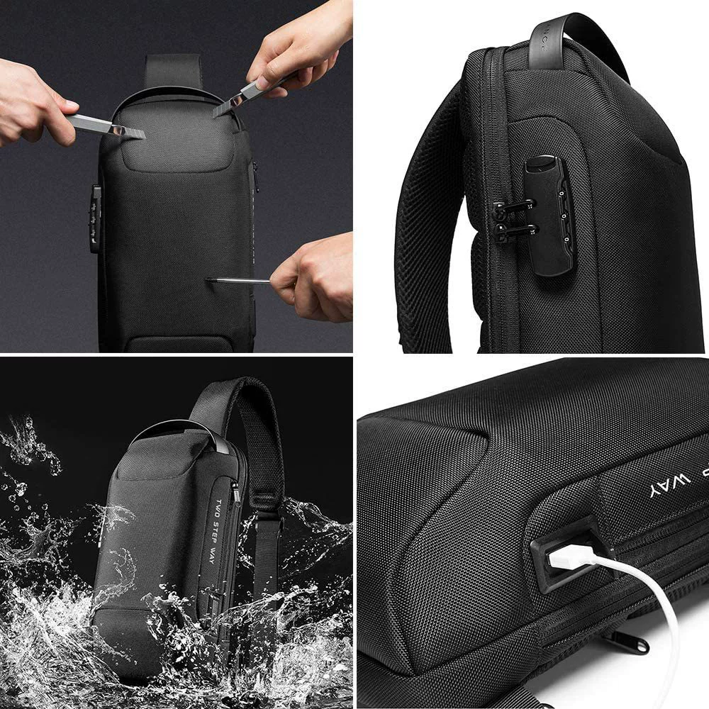 Сумка через плечо противоугонная, 900D Oxford + PU, USB зарядка и парольный замок, 35×16×12 см
